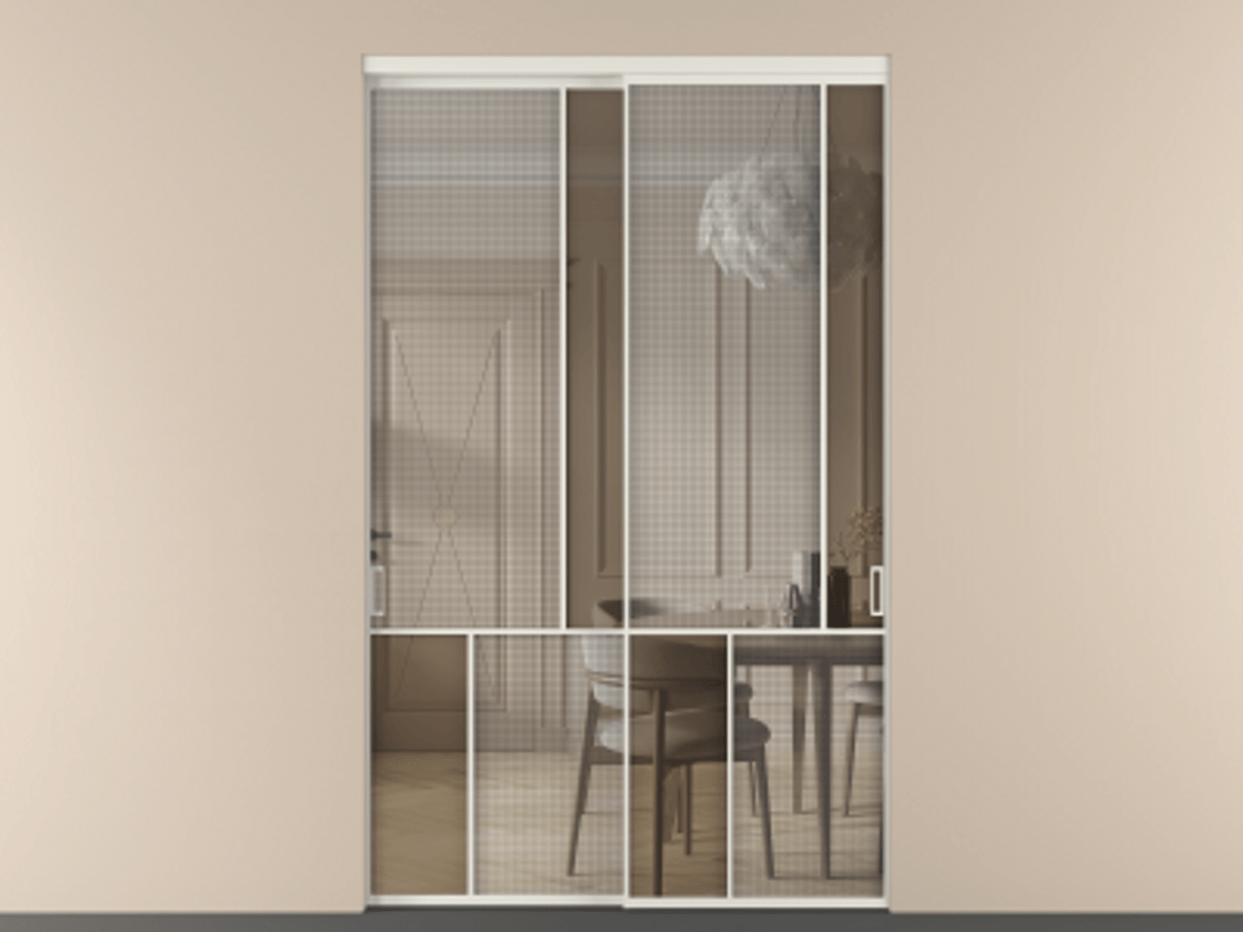 Перегородка Mosaic внутри проёма 2 створки АЛПР 041.21 Алюминий Белый Декоративное стекло с сеткой "Mesh silver", триплекс, 6 мм + Прозрачное бронзовое стекло, триплекс. Скрытый короб БЕЛ Цена 482580 ₽ . Фабрика дверей Волховец 8 (800) 551 43 19 Перегородка Mosaic внутри проёма 2 створки АЛПР 041.21 Алюминий Белый Декоративное стекло с сеткой "Mesh silver", триплекс, 6 мм + Прозрачное бронзовое стекло, триплекс Цена 482580 ₽ | Volhovec