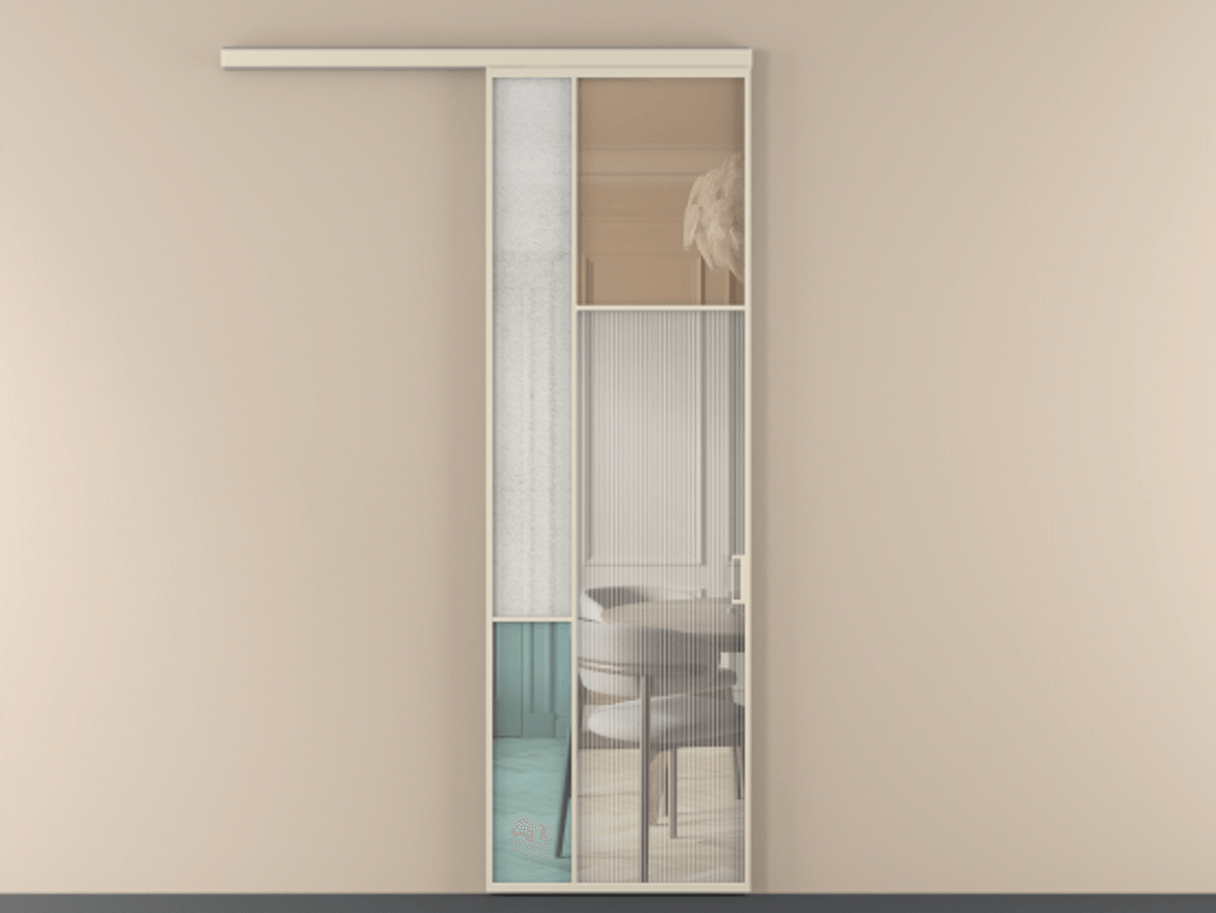 Перегородка Mosaic вдоль стены одностворчатая АЛПР 041.11  Алюминий бежево-серый Комбинация стекол Группы 1 и Группы 3 Цена 131870 ₽ | Volhovec