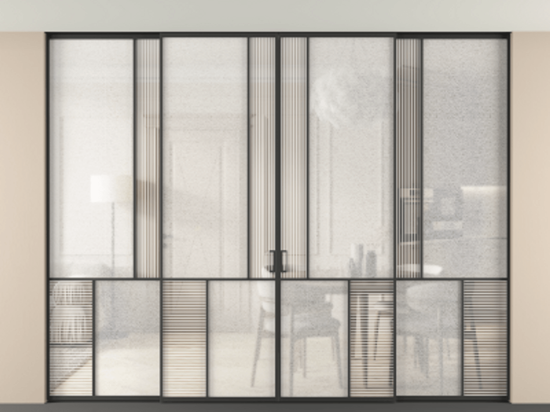 Перегородка Mosaic внутри проёма скрытое крепление в потолок 4 створки АЛПР 041.20 Алюминий Черный Рифлёное стекло "Дюна", триплекс, 6 мм + Фактурное стекло "Лёд", триплекс Цена 606140 ₽ | Volhovec