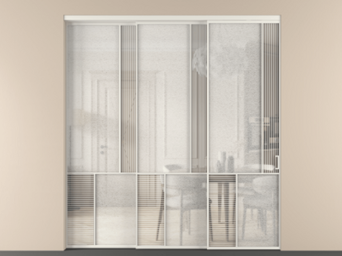 Перегородка Mosaic внутри проёма 3 створки с синхронным механизмом АЛПР 041.21 Алюминий Белый Рифлёное стекло "Дюна", триплекс, 6 мм + Фактурное стекло "Лёд", триплекс. Скрытый короб БЕЛ Цена 441070 ₽ . Фабрика дверей Волховец 8 (800) 551 43 19 Перегородка Mosaic внутри проёма 3 створки с синхронным механизмом АЛПР 041.21 Алюминий Белый Рифлёное стекло "Дюна", триплекс, 6 мм + Фактурное стекло "Лёд", триплекс Цена 441070 ₽ | Volhovec