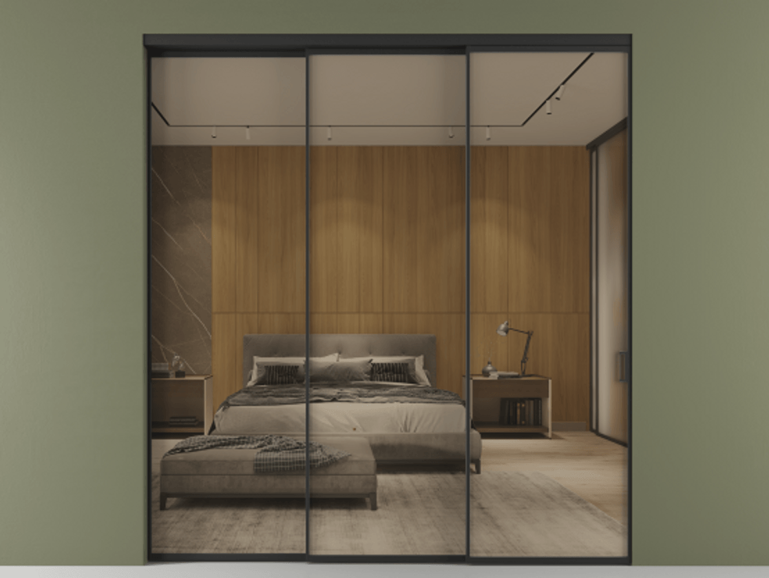 Перегородка Formato внутри проёма телескопик синхро 2 АЛПР 040.01 Алюминий Черный Рефлективное бронзовое стекло "Stopsol", калёное Цена 368500 ₽  | Volhovec