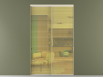 Алюминевая перегородка vn2_07_ Алюминий бежево-серый Прозрачное жёлтое стекло, триплекс, 6мм. Цвет Алюминий бежево-серый. Материал Алюминий в эмали. Коллекция Перегородка Formato внутри проёма двустворчатая. Картинка.