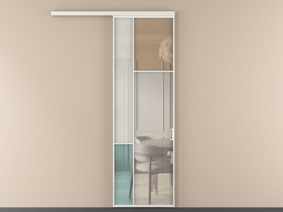 Алюминевая перегородка vd1_5 Алюминий светло-серый Четыре стекла. Цвет Алюминий светло-серый. Материал Алюминий в эмали. Коллекция Перегородка Mosaic вдоль стены одностворчатая. Картинка.