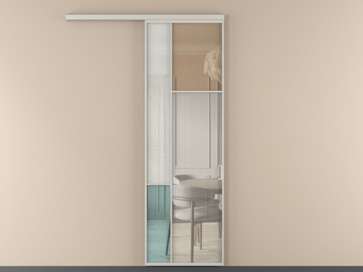 Алюминевая перегородка vd1_5 Алюминий тёплый серый Четыре стекла. Цвет Алюминий тёплый серый. Материал Алюминий в эмали. Коллекция Перегородка Mosaic вдоль стены одностворчатая. Картинка.