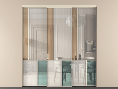 Алюминевая перегородка vn3_3 Алюминий бежево-серый Четыре стекла. Цвет Алюминий бежево-серый. Материал Алюминий в эмали. Коллекция Перегородка Mosaic внутри проёма трёхстворчатая. Картинка.