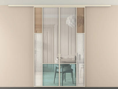 Алюминевая перегородка vdp2_6 Алюминий бежево-серый Четыре стекла. Цвет Алюминий бежево-серый. Материал Алюминий в эмали. Коллекция Перегородка Mosaic вдоль стены на потолок двустворчатая. Картинка.