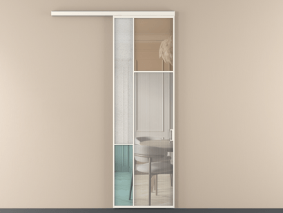 Алюминевая перегородка vd1_5 Алюминий пудровый белый Четыре стекла. Цвет Алюминий пудровый белый. Материал Алюминий в эмали. Коллекция Перегородка Mosaic вдоль стены одностворчатая. Картинка.