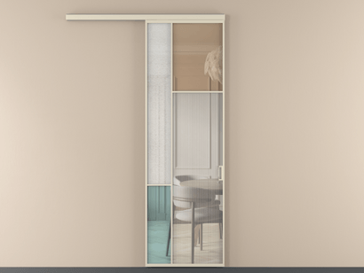 Алюминевая перегородка vd1_5 Алюминий бежево-серый Четыре стекла. Цвет Алюминий бежево-серый. Материал Алюминий в эмали. Коллекция Перегородка Mosaic вдоль стены одностворчатая. Картинка.