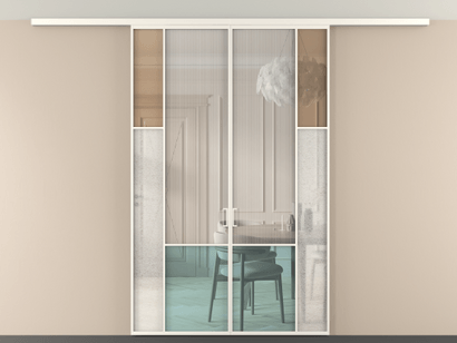 Алюминевая перегородка vdp2_6 Алюминий пудровый белый Четыре стекла. Цвет Алюминий пудровый белый. Материал Алюминий в эмали. Коллекция Перегородка Mosaic вдоль стены на потолок двустворчатая. Картинка.