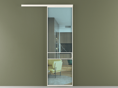 Алюминевая перегородка vd1_02_ Алюминий пудровый белый Прозрачное голубое стекло, триплекс, 6мм. Цвет Алюминий пудровый белый. Материал Алюминий в эмали. Коллекция Перегородка Formato вдоль стены одностворчатая. Картинка.