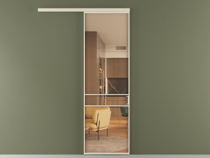 Алюминевая перегородка vd1_02_ Алюминий бежево-серый Прозрачное оранжевое стекло, триплекс, 6мм. Цвет Алюминий бежево-серый. Материал Алюминий в эмали. Коллекция Перегородка Formato вдоль стены одностворчатая. Картинка.