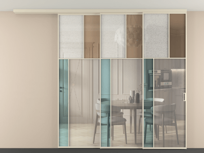 Алюминевая перегородка vdt3_4 Алюминий бежево-серый Четыре стекла. Цвет Алюминий бежево-серый. Материал Алюминий в эмали. Коллекция Перегородка Mosaic вдоль стены телескопик синхро 3. Картинка.