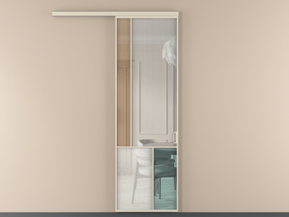 Алюминевая перегородка vd1_3 Алюминий бежево-серый Четыре стекла. Цвет Алюминий бежево-серый. Материал Алюминий в эмали. Коллекция Перегородка Mosaic вдоль стены одностворчатая. Картинка.