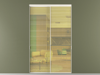 Алюминевая перегородка vn2_07_ Алюминий пудровый белый Прозрачное жёлтое стекло, триплекс, 6мм. Цвет Алюминий пудровый белый. Материал Алюминий в эмали. Коллекция Перегородка Formato внутри проёма двустворчатая. Картинка.