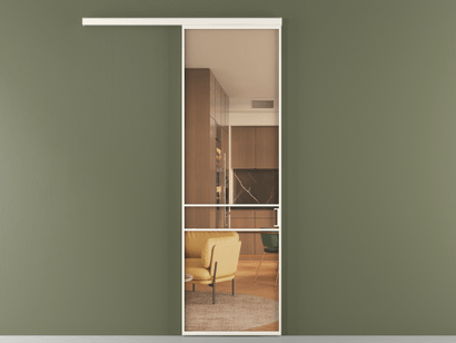 Алюминевая перегородка vd1_02_ Алюминий пудровый белый Прозрачное оранжевое стекло, триплекс, 6мм. Цвет Алюминий пудровый белый. Материал Алюминий в эмали. Коллекция Перегородка Formato вдоль стены одностворчатая. Картинка.