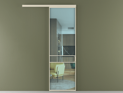 Алюминевая перегородка vd1_02_ Алюминий бежево-серый Прозрачное голубое стекло, триплекс, 6мм. Цвет Алюминий бежево-серый. Материал Алюминий в эмали. Коллекция Перегородка Formato вдоль стены одностворчатая. Картинка.