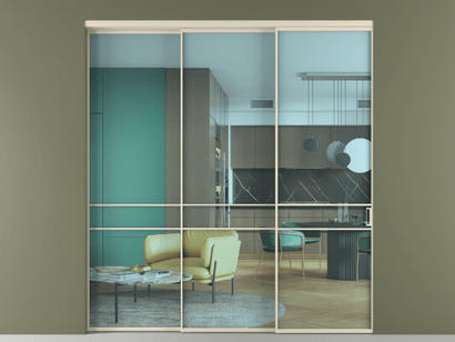 Алюминевая перегородка vn3_02_ Алюминий бежево-серый Прозрачное голубое стекло, триплекс, 6мм. Цвет Алюминий бежево-серый. Материал Алюминий в эмали. Коллекция Перегородка Formato внутри проёма телескопик синхро 2. Картинка.